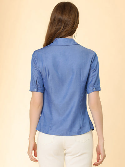 Button Down Shirt Chambray Work Point Collar Denim Tops Blouse