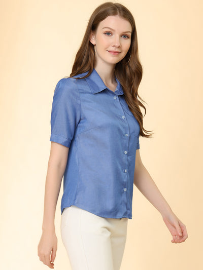 Button Down Shirt for Chambray Work Point Collar Denim Tops Blouse