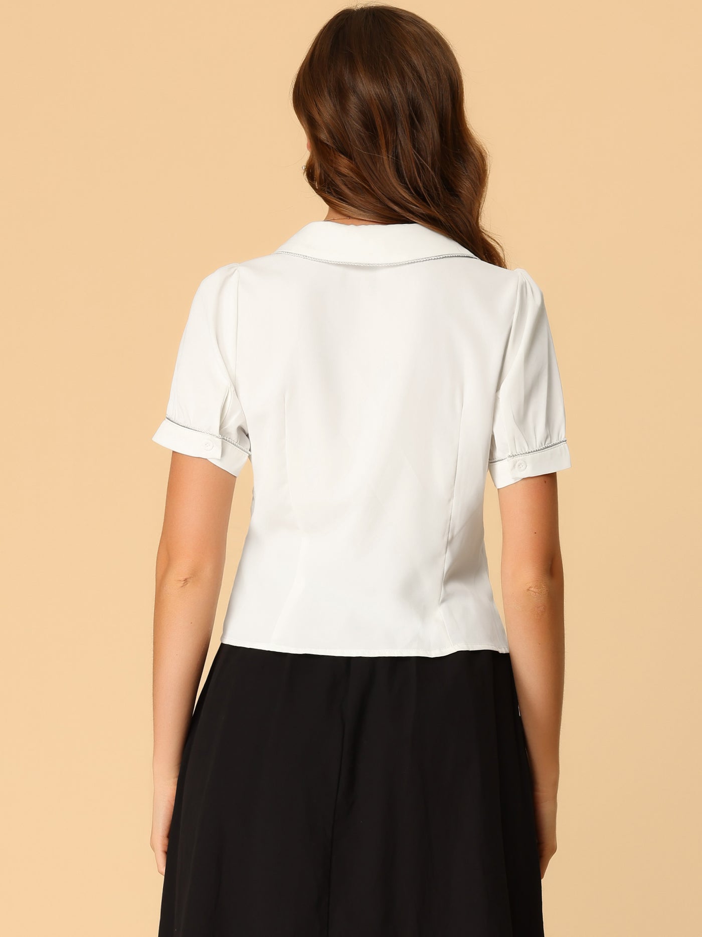 Allegra K Work Blouse for Contrast-Trim Puff Sleeve Peter Pan Collar Shirt Top