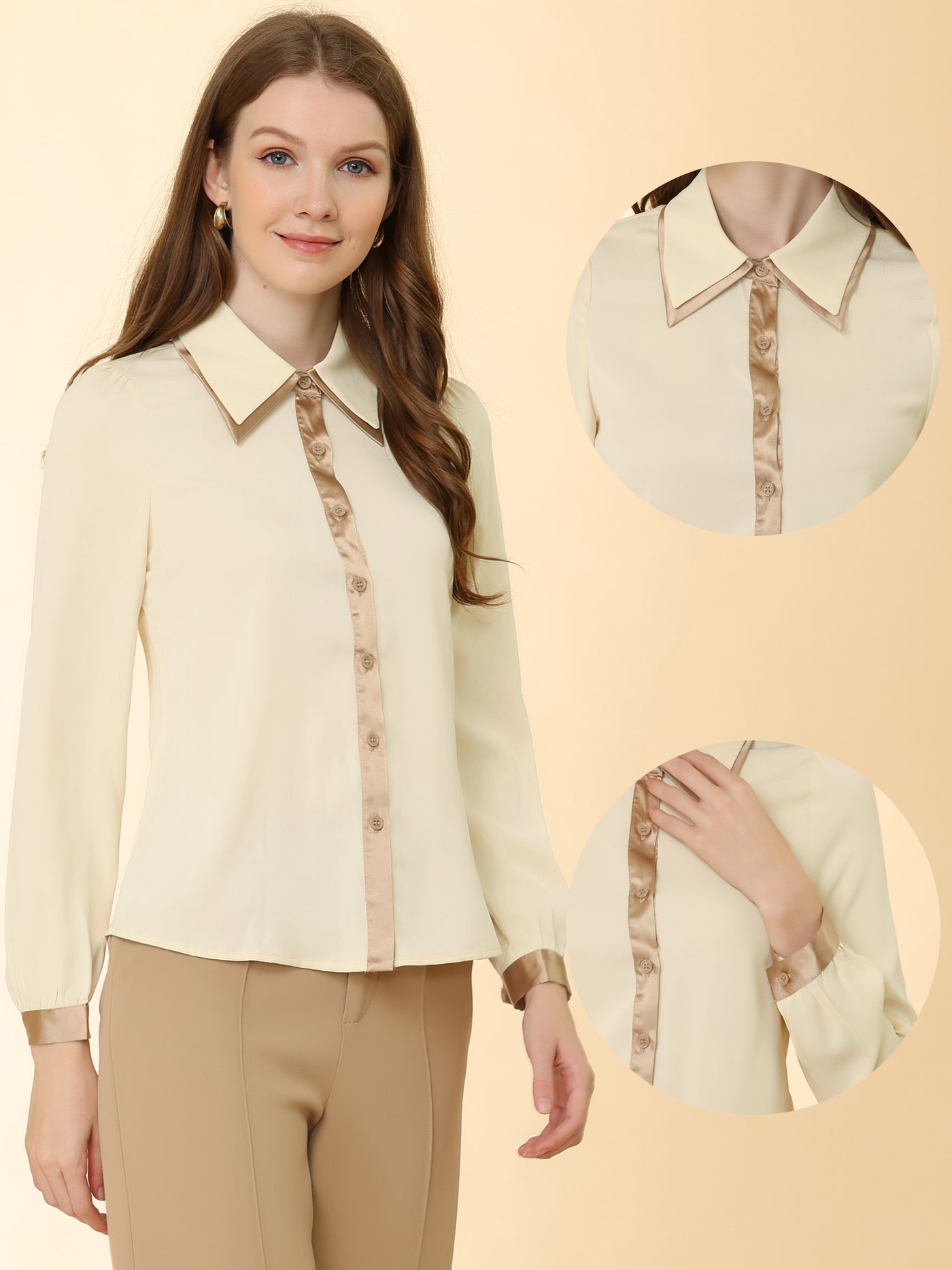 Allegra K Long Sleeve Contrast Color Retro Button Up Work Blouse