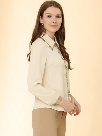 Long Sleeve Contrast Color Retro Button Up Work Blouse