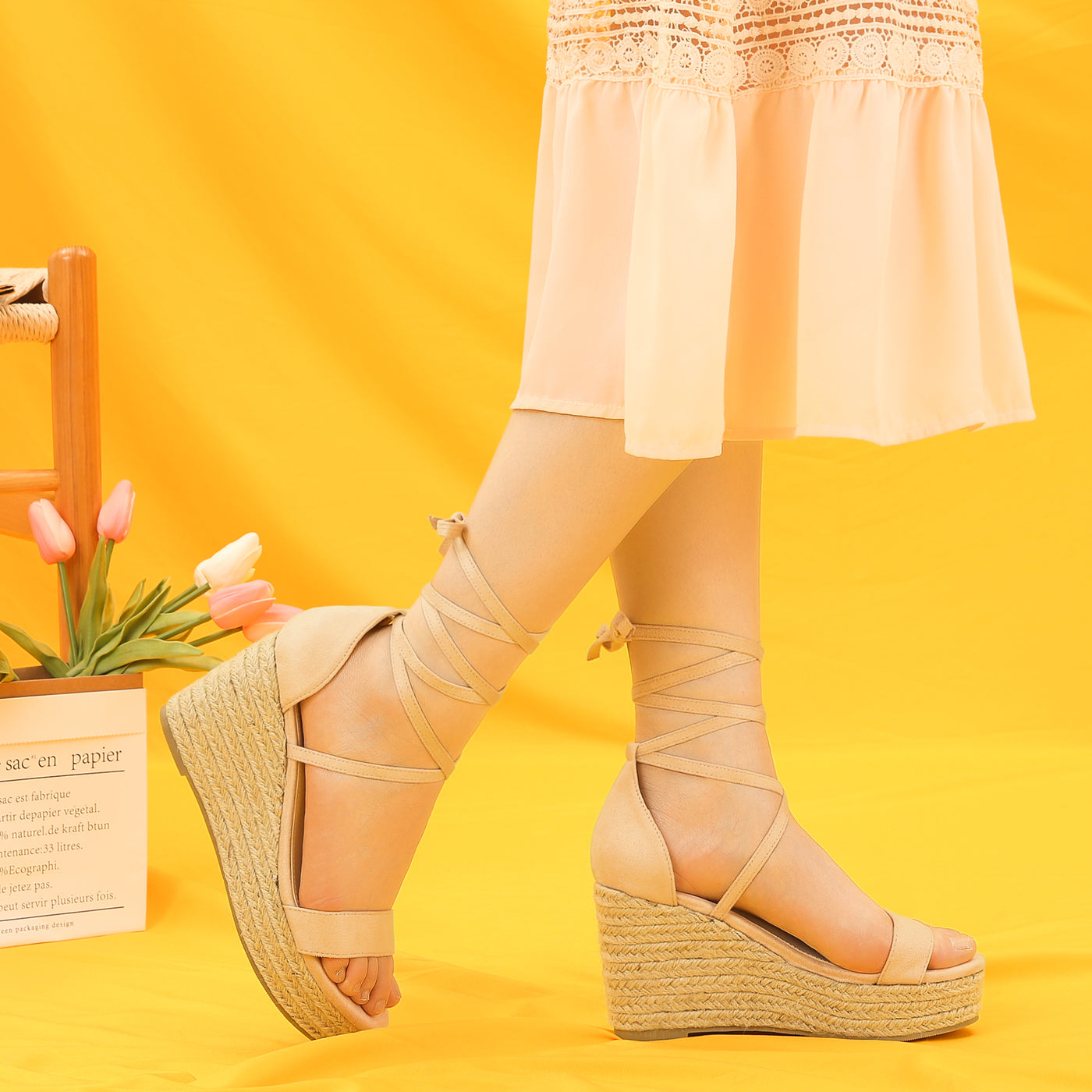 Allegra K Espadrille Platform Lace Up Wedge Heel Sandals