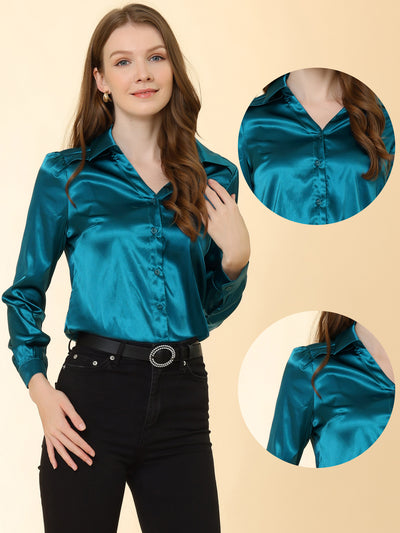 Button Down Long Sleeve Satin Work Office Collared Blouse