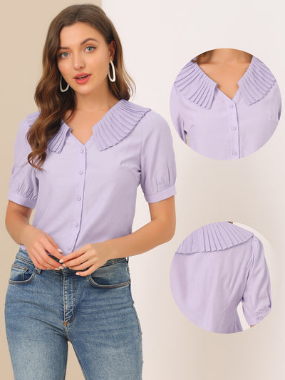 Peasant Top Pleated Collar Button Short Sleeve Shirt