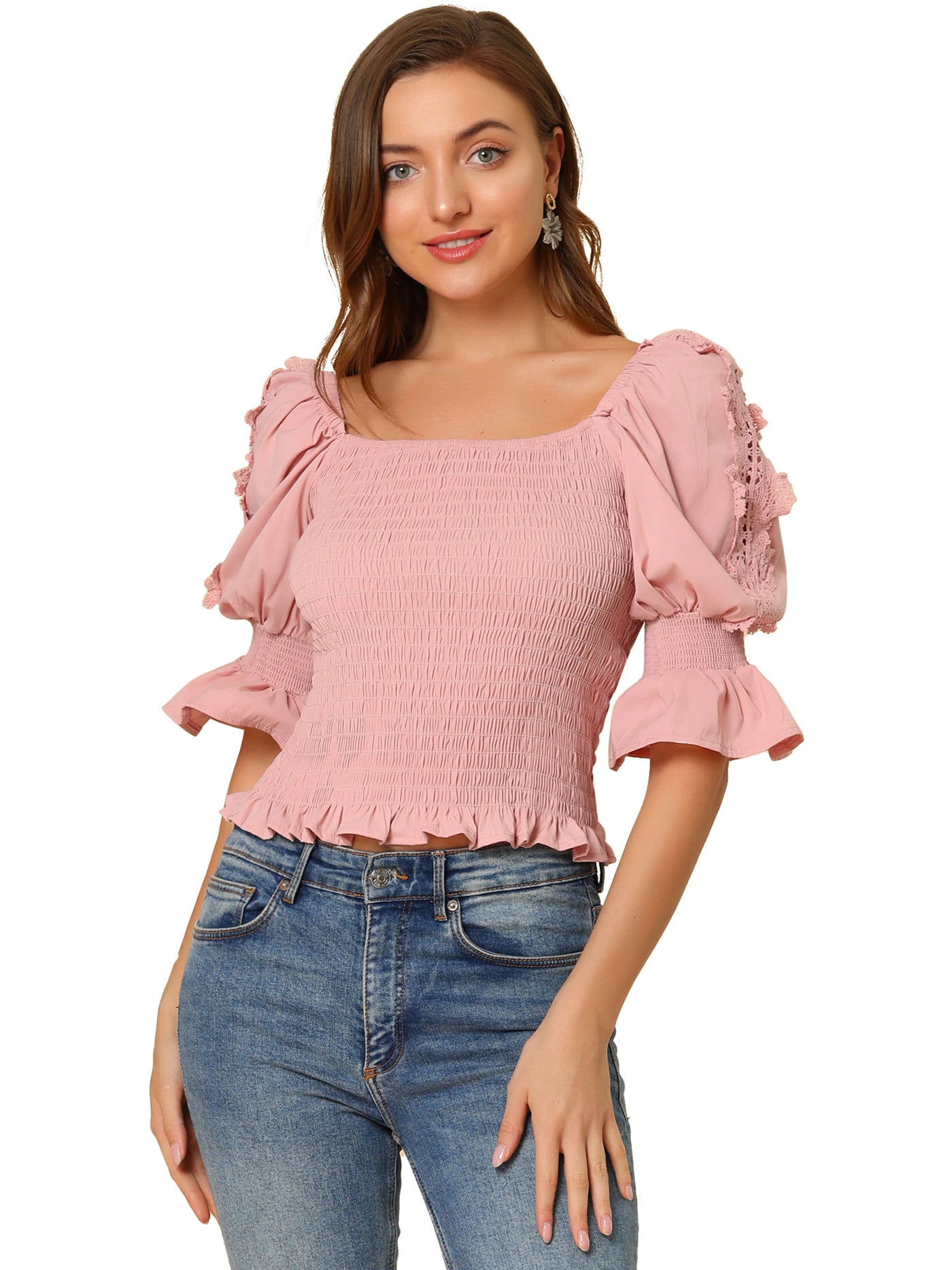 Allegra K Smocked Ruffle Square Neck Puff Sleeve Blouse Top