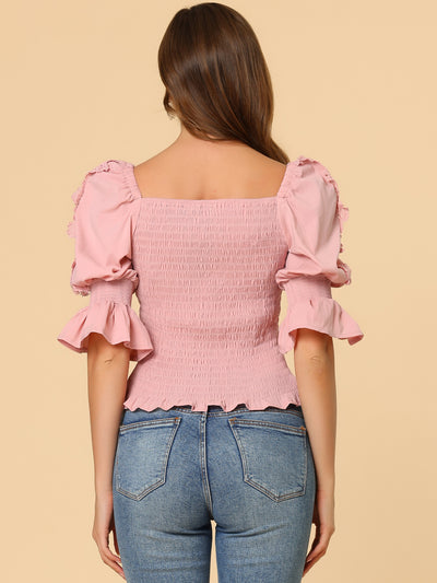 Smocked Ruffle Square Neck Puff Sleeve Blouse Top