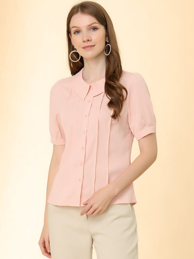 Allegra K Work Top for Turn Down Collar Pleated Short Sleeve Button Shirt