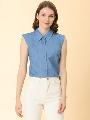 Button Down Sleeveless Solid Collar Office Work Chambray Shirt