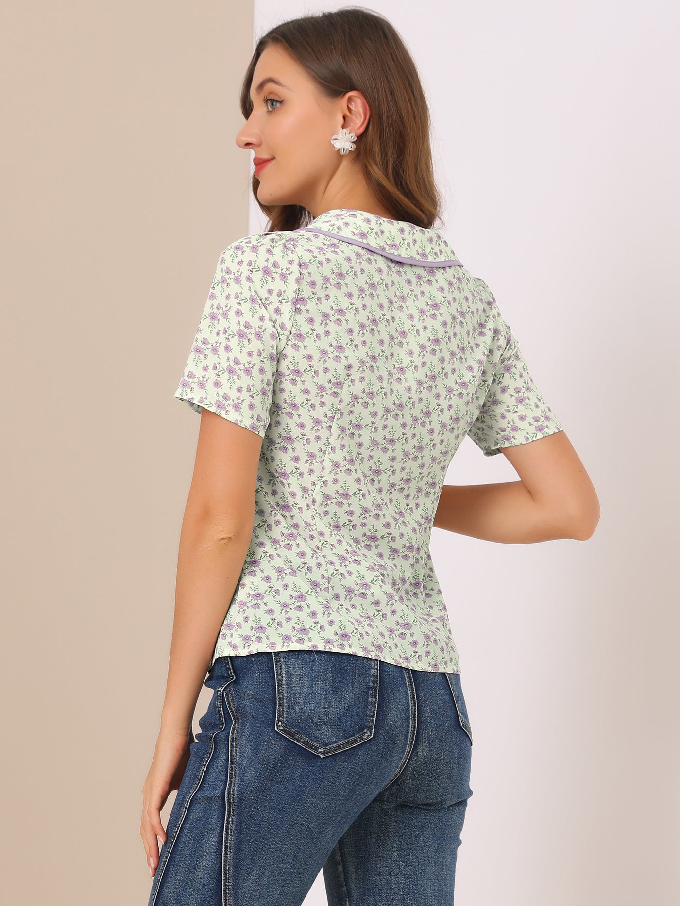 Allegra K Peter Pan Collar Blouse Spirng Short Sleeve Buttons Floral Shirt