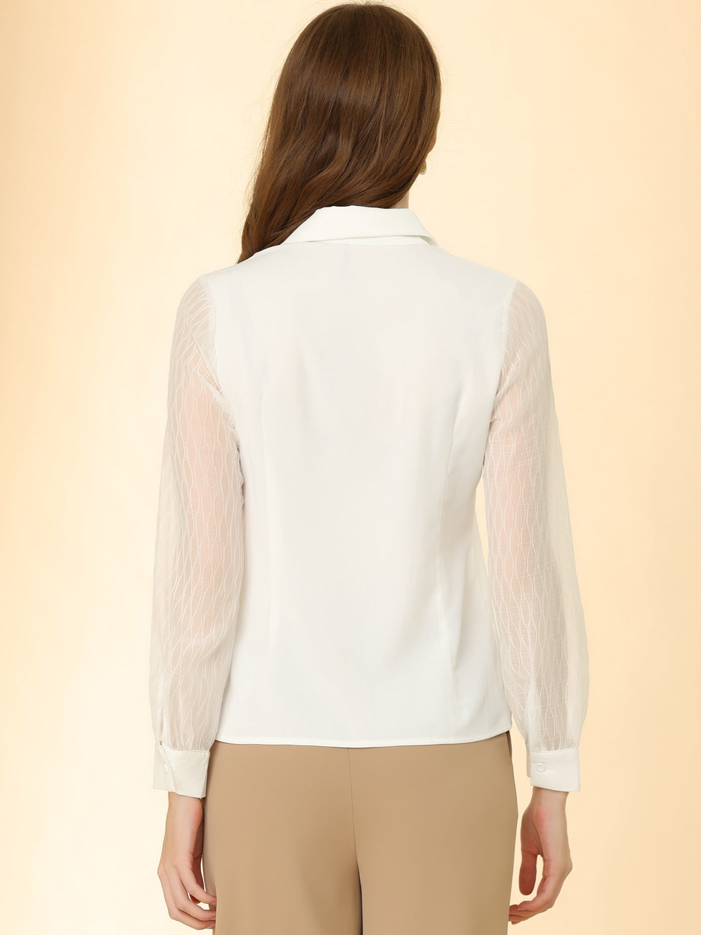Allegra K Button Down Shirt Sheer Sleeve Point Collar Work Tops