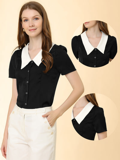 Summer Tops for Office Contrast Collared Short Sleeve Button Up Shirt