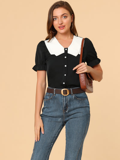 Casual Puff Sleeve Button Closure Contrast Collar Blouse Shirt