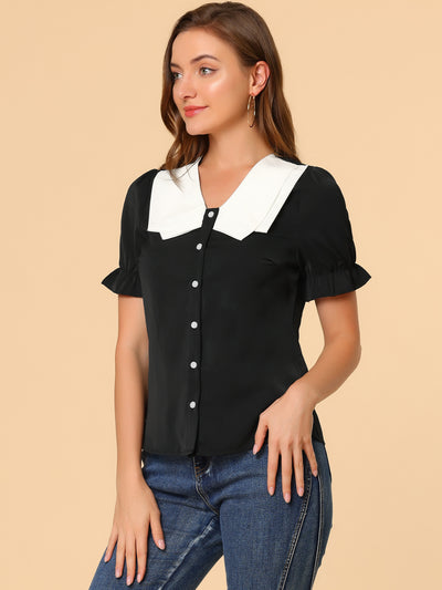 Casual Puff Sleeve Button Closure Contrast Collar Blouse Shirt