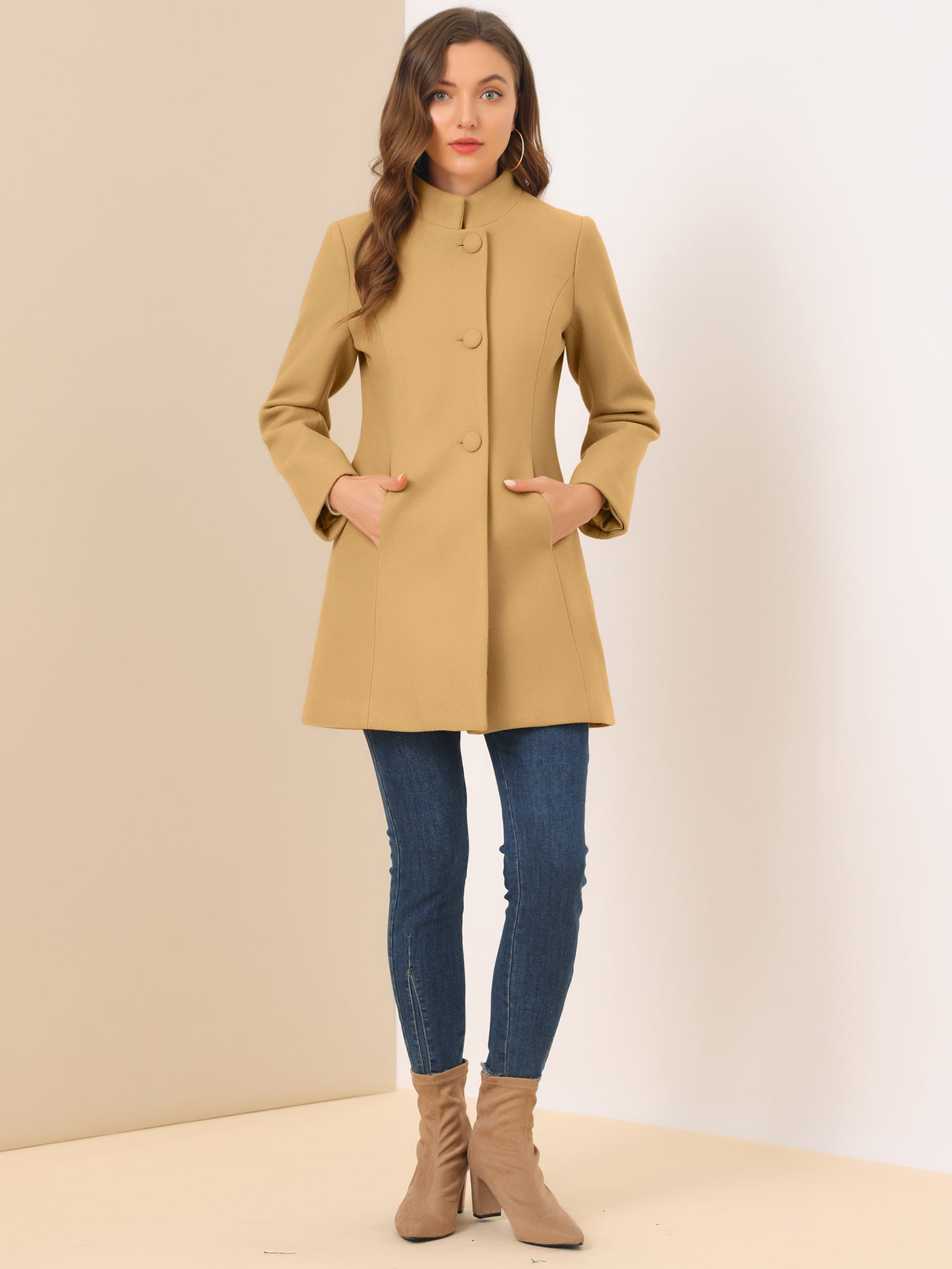 Allegra K Women's Mid-thigh Stand Collar Single Breasted Long Coat