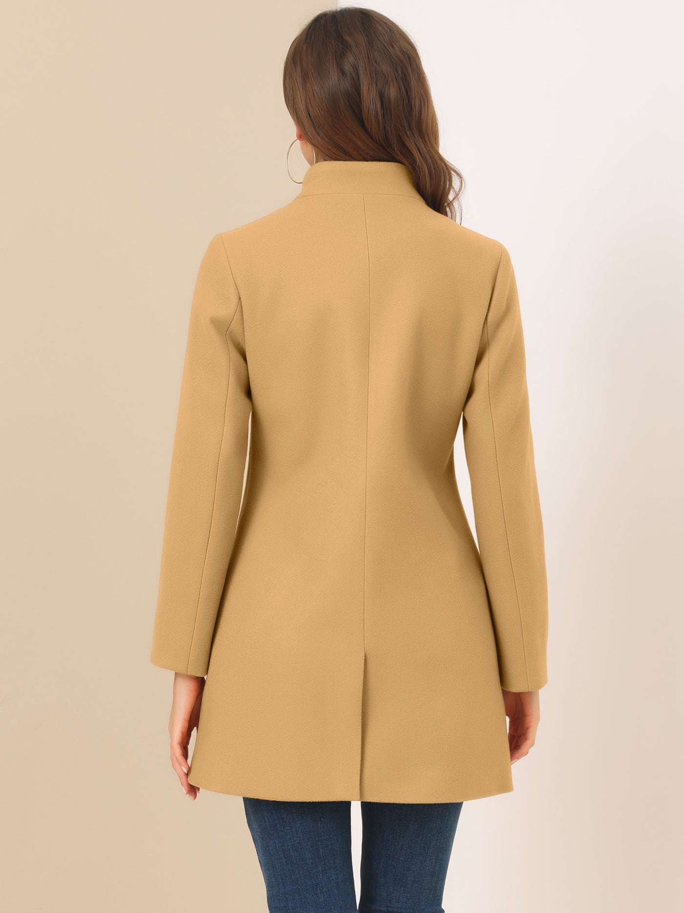 Allegra K Women's Mid-thigh Stand Collar Single Breasted Long Coat