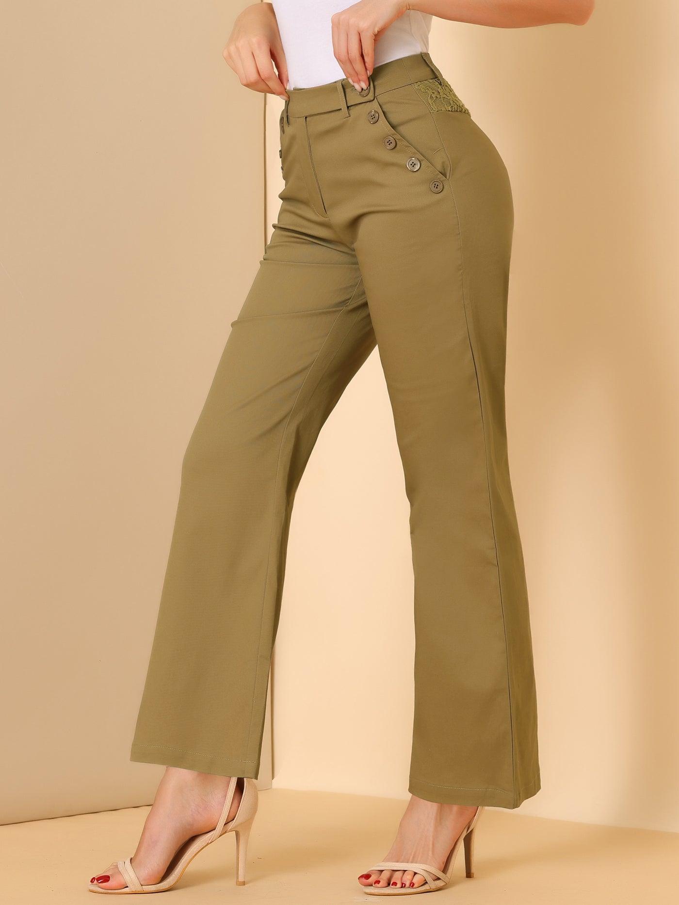 Allegra K Bell Bottom 70s Long Pants High Waist Elegant Work Trousers