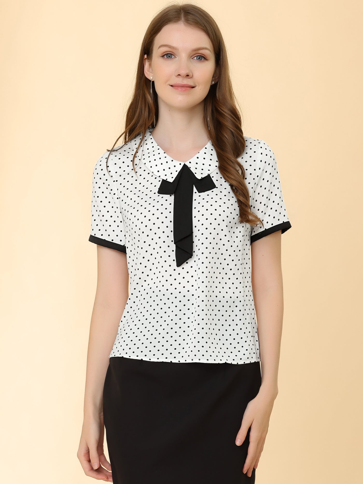 Allegra K Polka Dots Blouse for Contrast Tie Peter Pan Collar Vintage Shirt