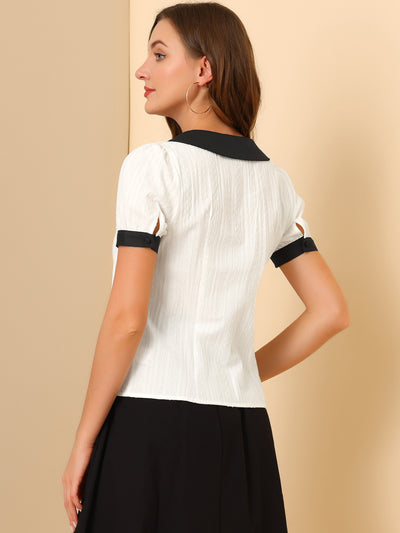 Short Sleeve Top Bow Tie Contrast Color Textured Blouse