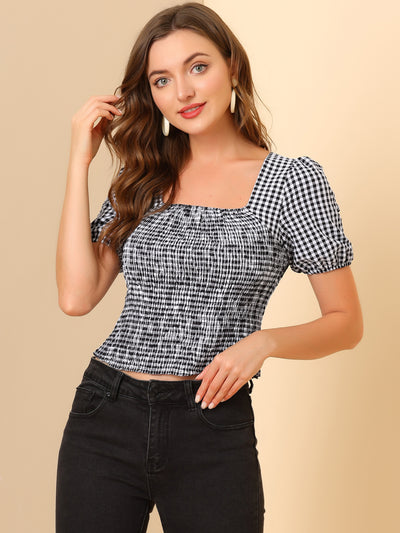 Smocked Top for Plaid Check Square Neck Puff Sleeve Blouse