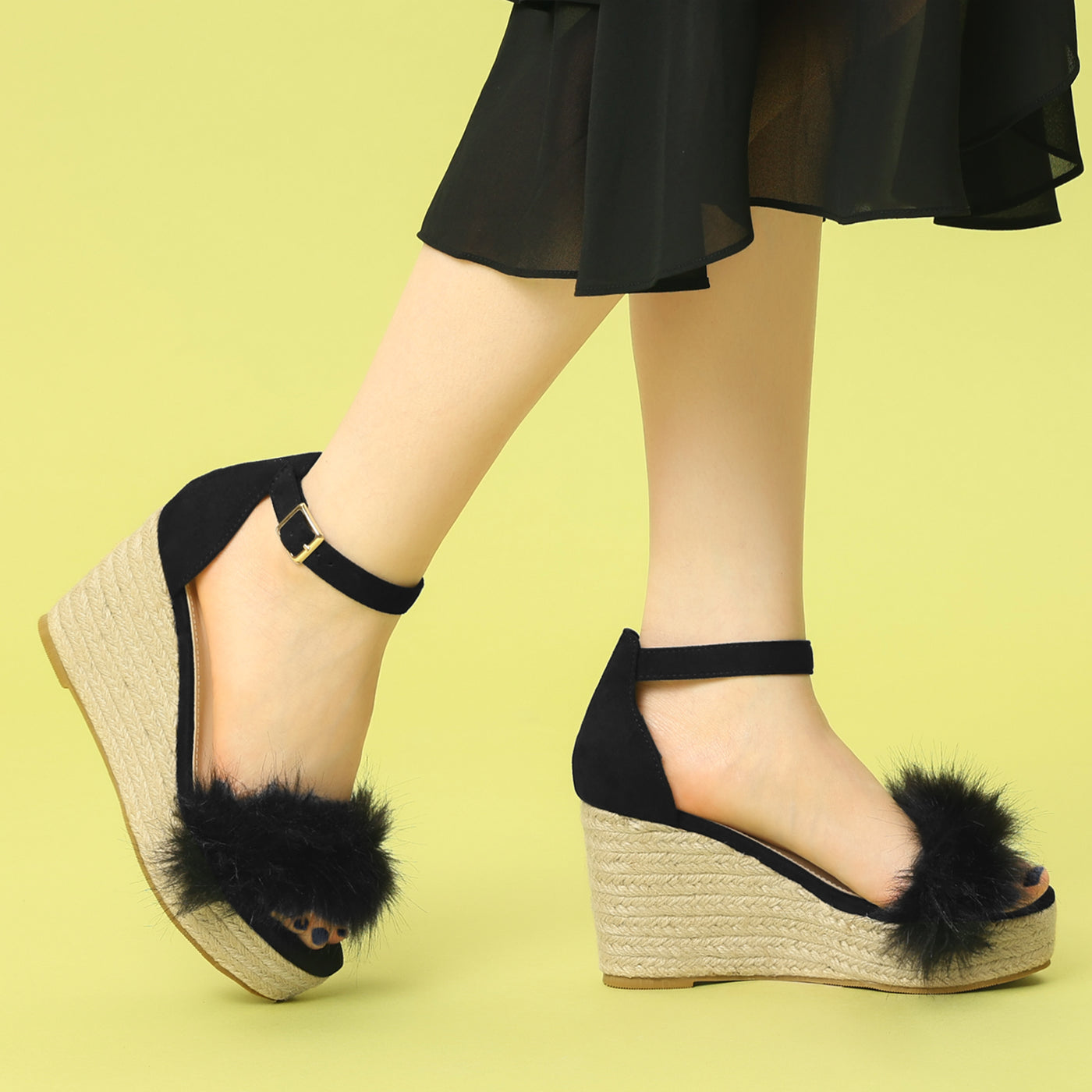 Allegra K Open Toe Espadrille Platform Heel Faux Fur Wedge Sandals