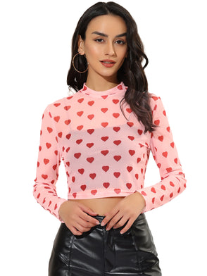 Semi-Sheer Sexy Heart Mesh Crop Top Long Sleeve Blouse