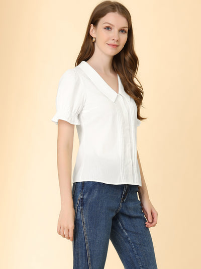 Button Down Shirt Pleated Short Sleeve V Neck Top