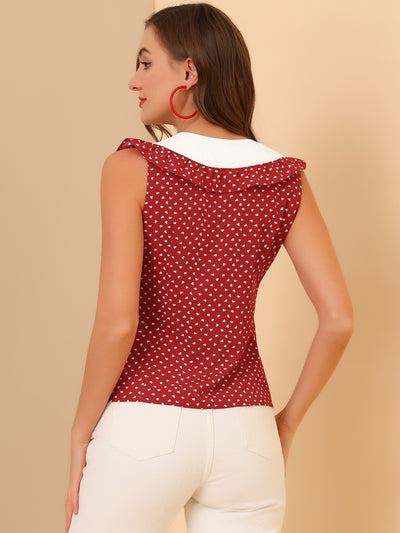 Summer Sleeveless Contrast Collar Ruffle V Neck Heart Print Blouse