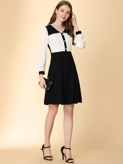 Allegra K A-Line V Neck Long Sleeve Lace Panel Contrast Color Dress