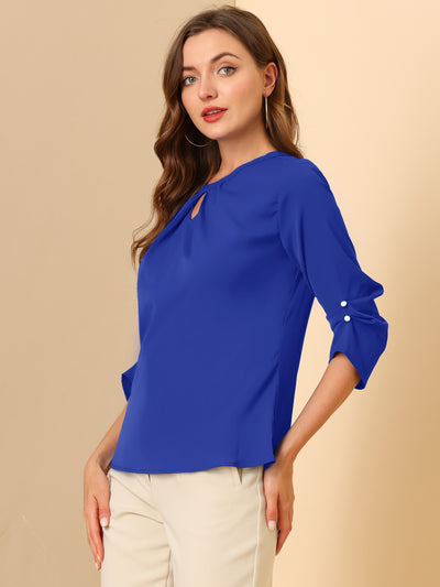 Office Keyhole Pleated Front Ruched 3/4 Sleeve Chiffon Blouse