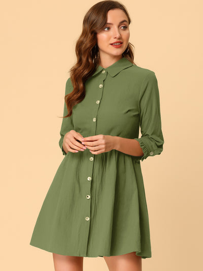 Casual Ruched 3/4 Sleeve Button Up Mini Shirt Dress