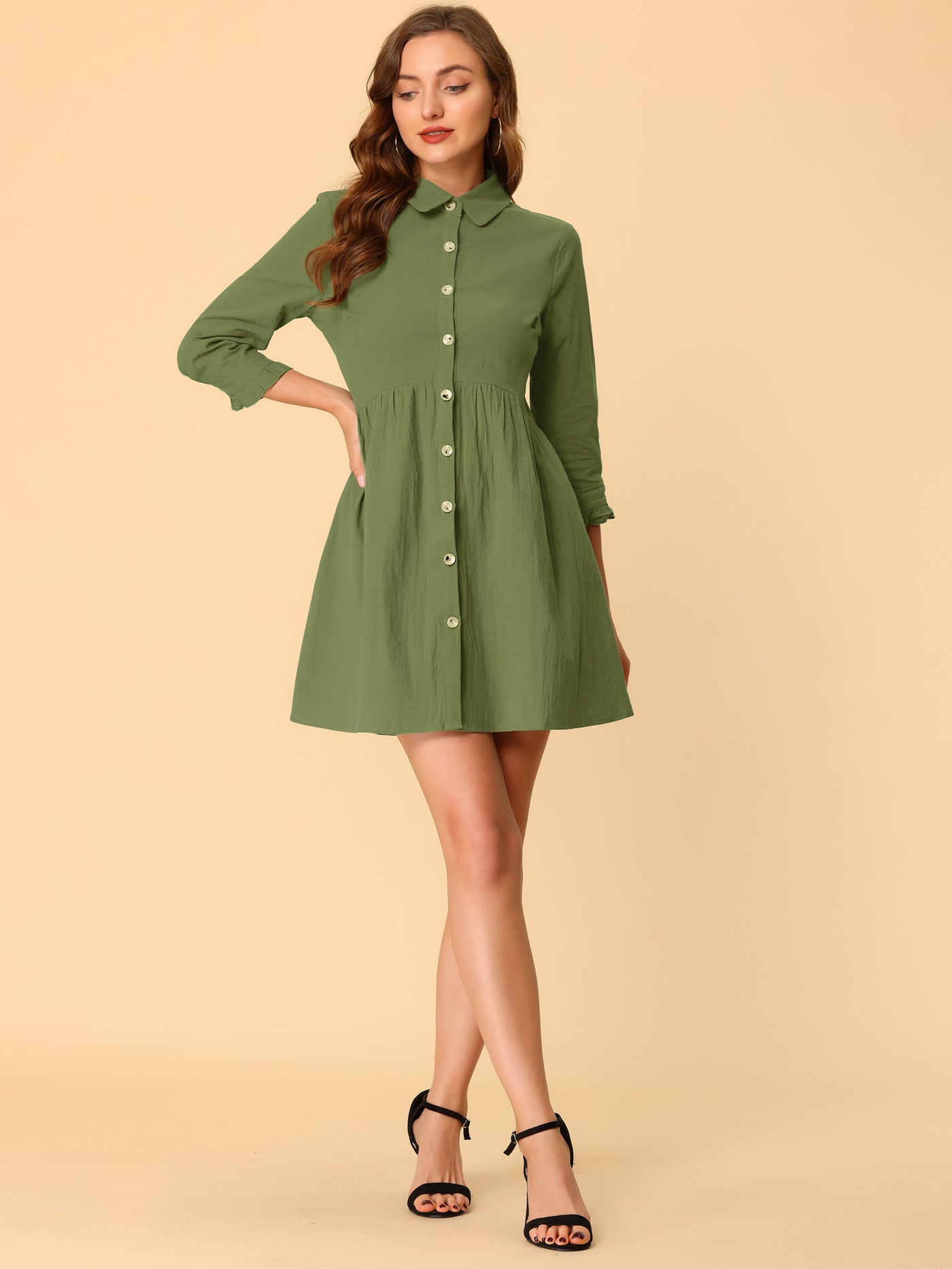Allegra K Casual Ruched 3/4 Sleeve Button Up Mini Shirt Dress