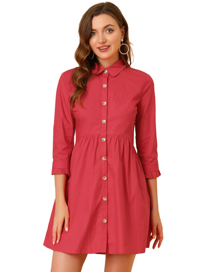 Women's Casual Shirt Dress Ruched 3/4 Sleeve Button Up Mini Dresses