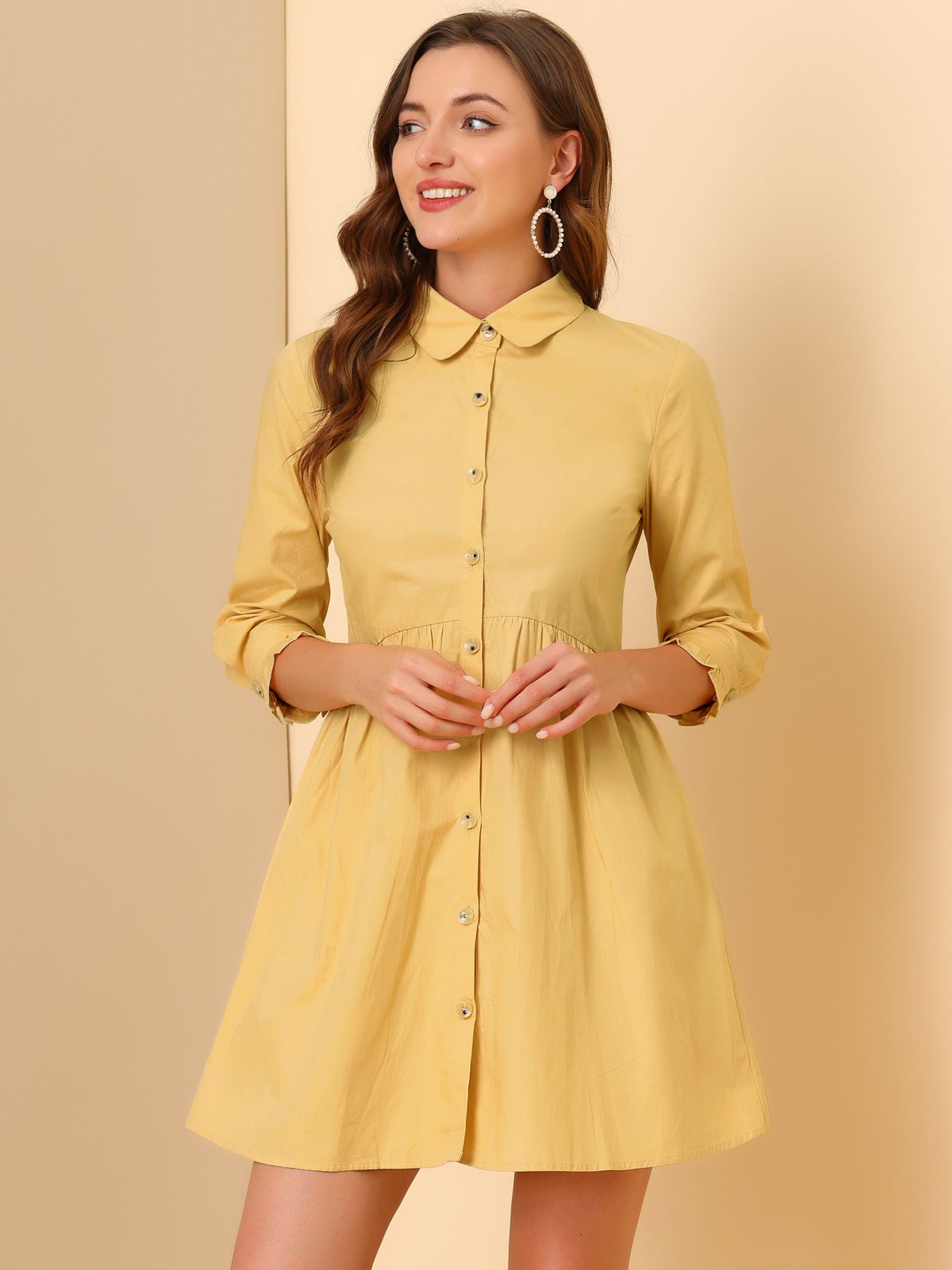 Allegra K Casual Ruched 3/4 Sleeve Button Up Mini Shirt Dress