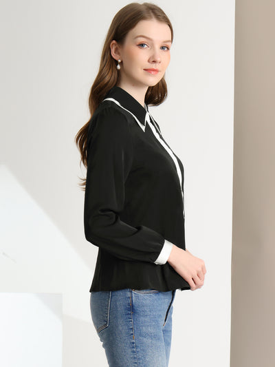 Long Sleeve Contrast Color Retro Button Up Work Blouse