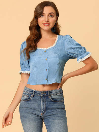 Allegra K Puff Sleeve Blouse Lace Square Neck Button Down Crop Tops