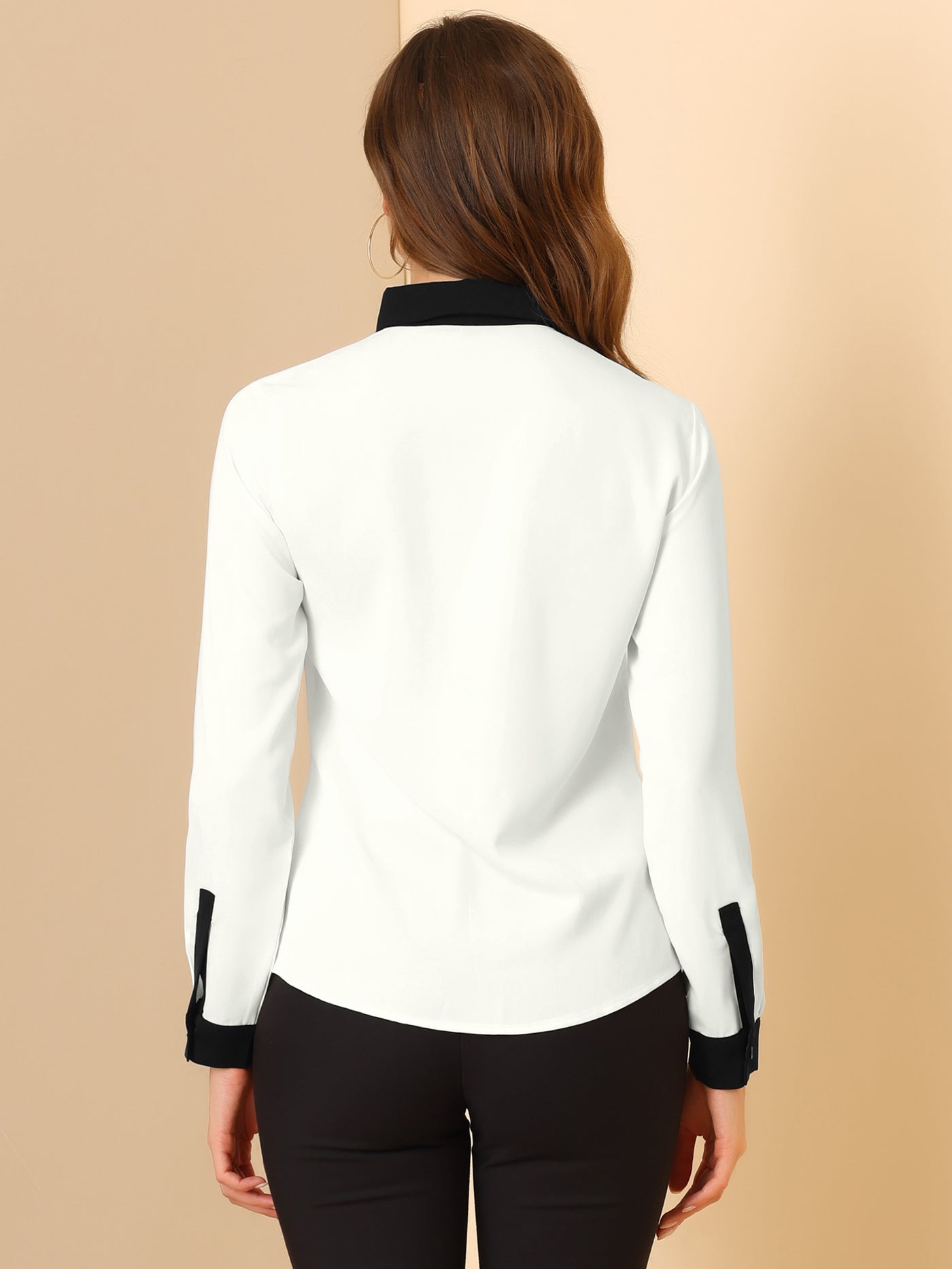 Allegra K Contrast Collar Shirt Chiffon Long Sleeve Work Office Blouse