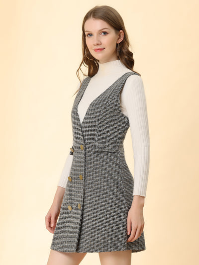 Elegant Button Front V Neck Plaid Tweed Overalls Pinafore Dress