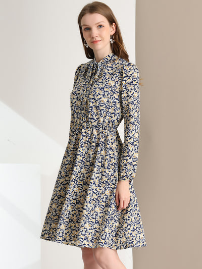 Tie Neck Chiffon Long Sleeve Belted Vintage Floral Dress