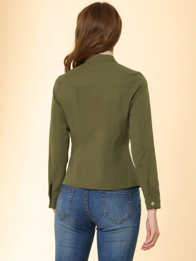 Casual Stand Collar Long Sleeve Button Front Twill Jacket