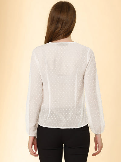 Chiffon Blouse for Vintage Crew Neck Puff Long Sleeve Swiss Dots Top