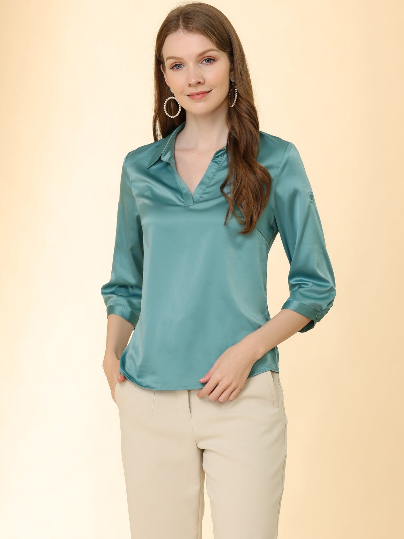 Allegra K Elegant Satin Blouse Roll Up 3/4 Sleeve V Neck Casual Work Shirt Top