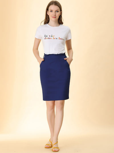 Workwear Paperbag Elastic Waist Cotton Side Pockets Pencil Skirt