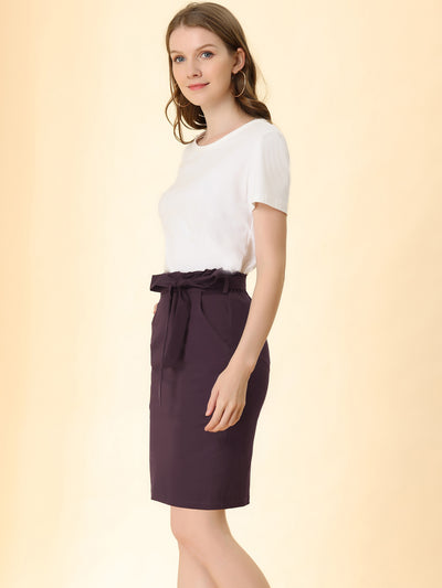 Workwear Paperbag Elastic Waist Cotton Side Pockets Pencil Skirt