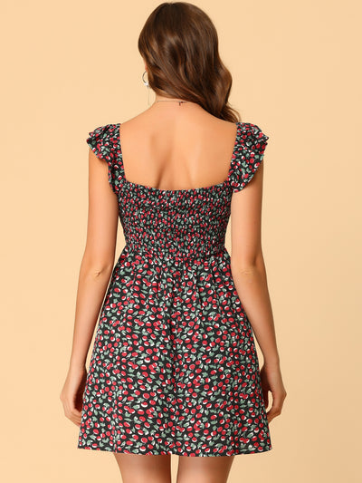Square Neck Ruffle Cap Sleeve Cherry Print Mini Smocked Dress