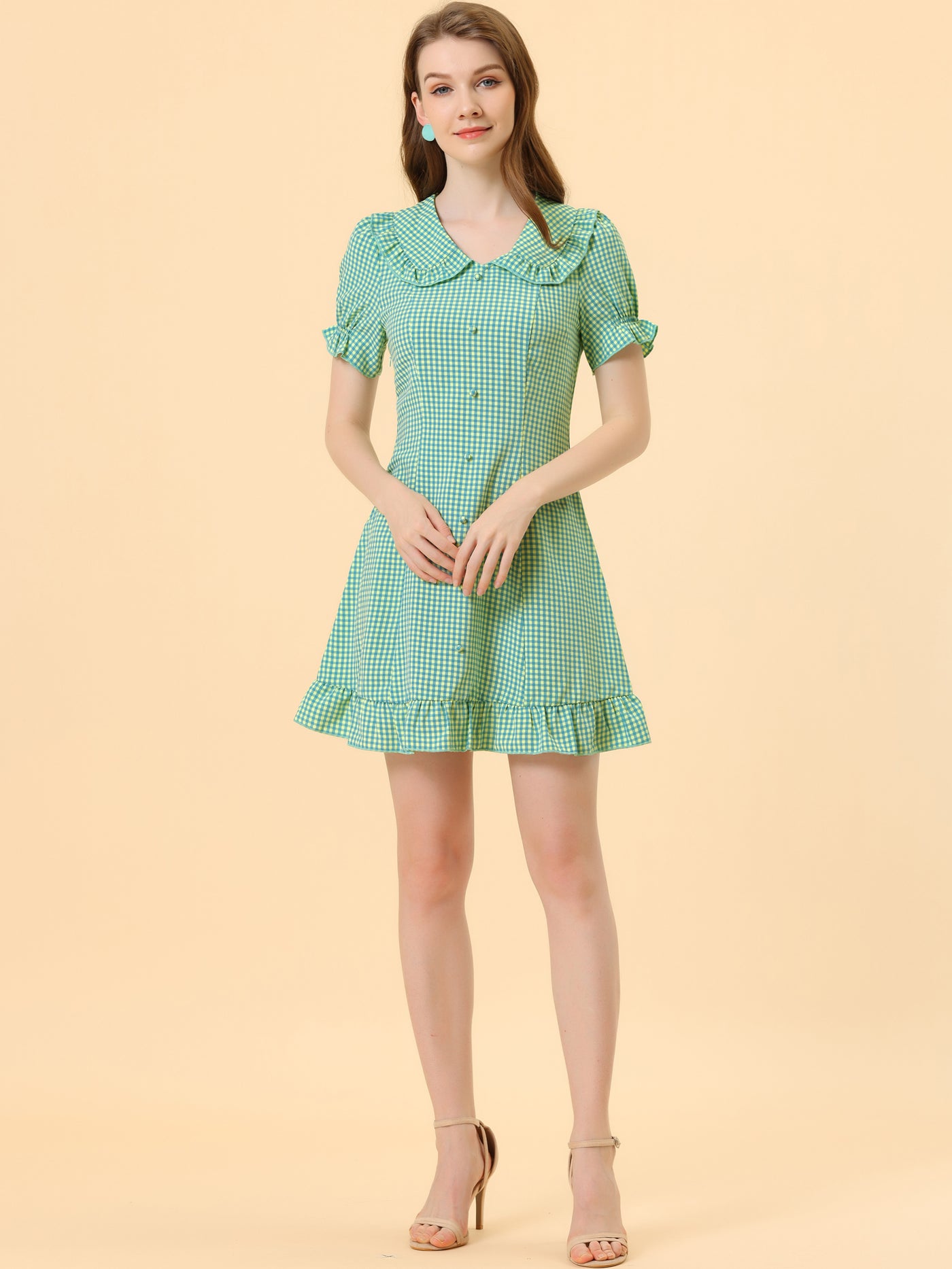 Allegra K Gingham Checks Ruffled Peter Pan Collar 1960s Vintage Mini Dress