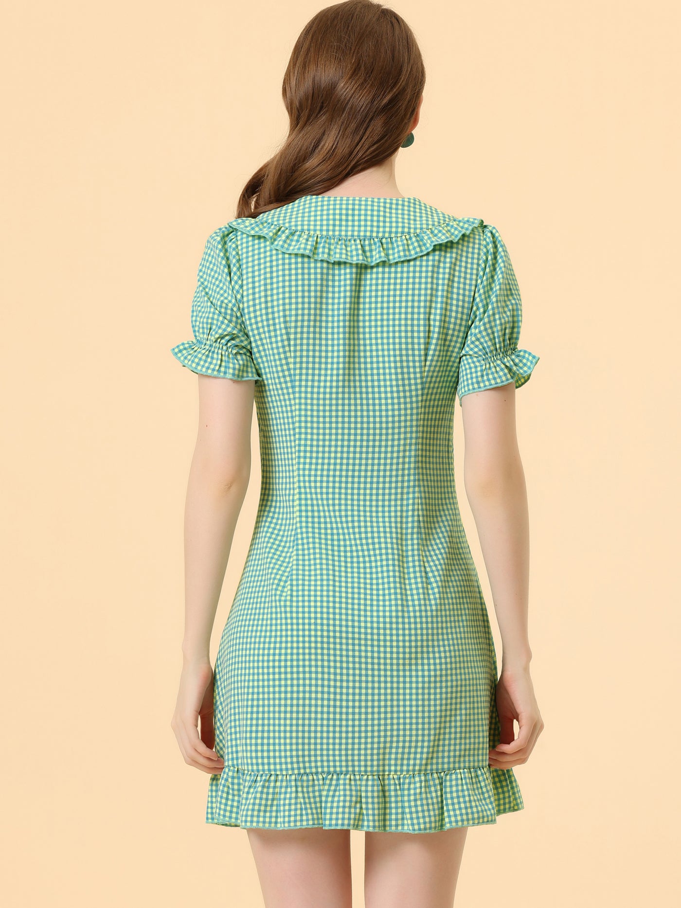 Allegra K Gingham Checks Ruffled Peter Pan Collar 1960s Vintage Mini Dress
