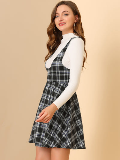 Plaid Retro U Neck Sleeveless Pinafore Overall Suspender Skirt