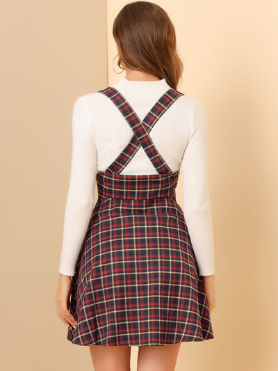 Plaid Retro U Neck Sleeveless Pinafore Overall Suspender Skirt