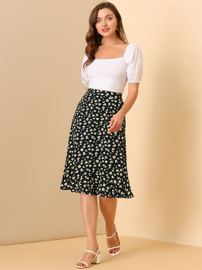 Floral Ruffle Elastic High Waist Button Flowy Split Midi Skirt