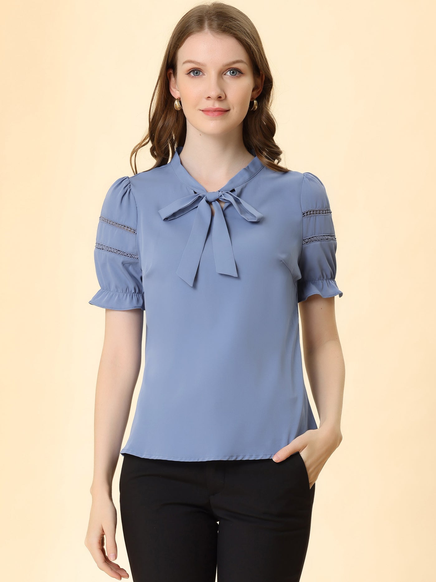 Allegra K Bow Tie Collar Short Sleeve Elegant Office Workwear Blouse